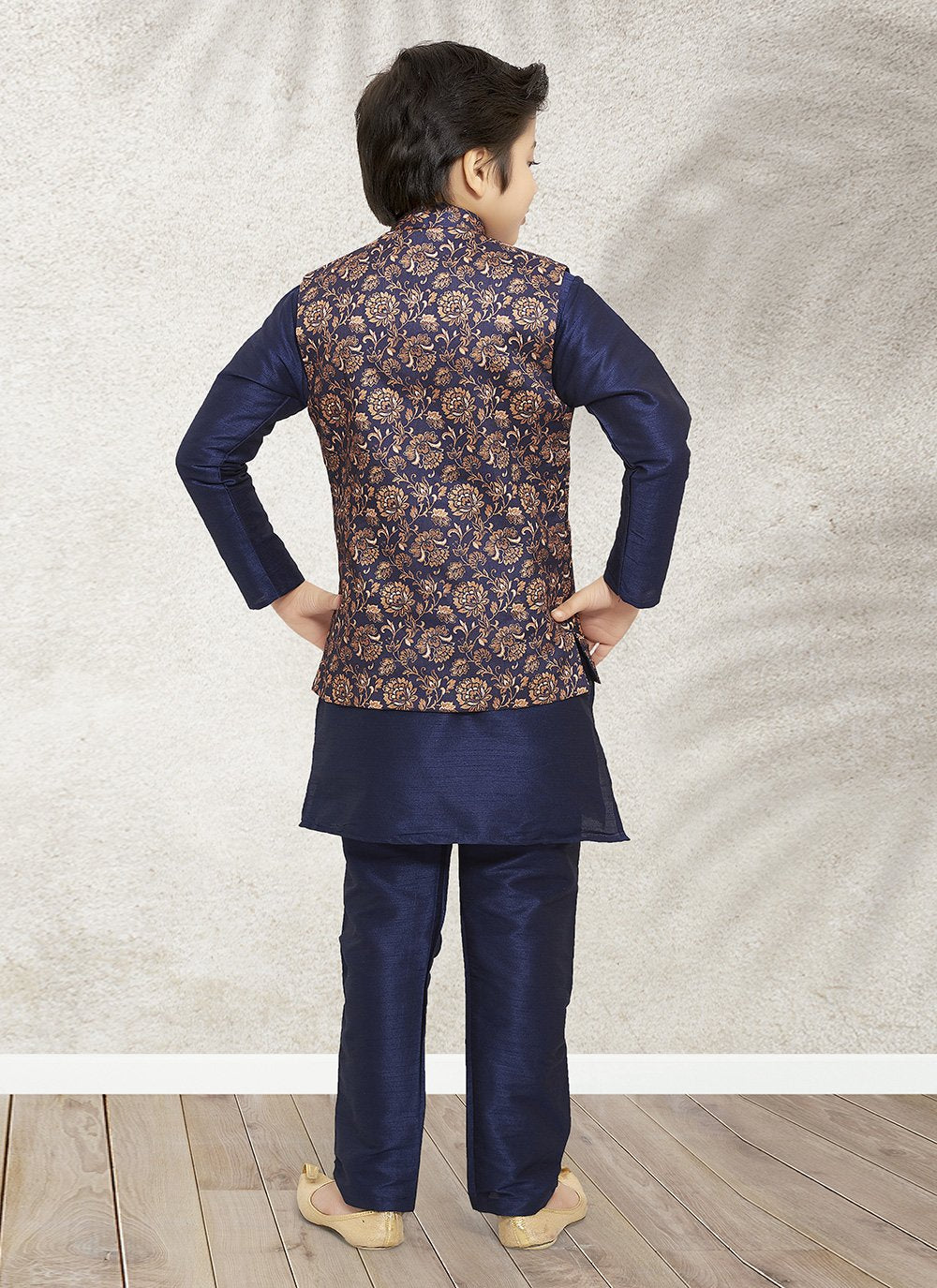 Kurta Payjama With Jacket Banarasi Silk Blue Print Kids