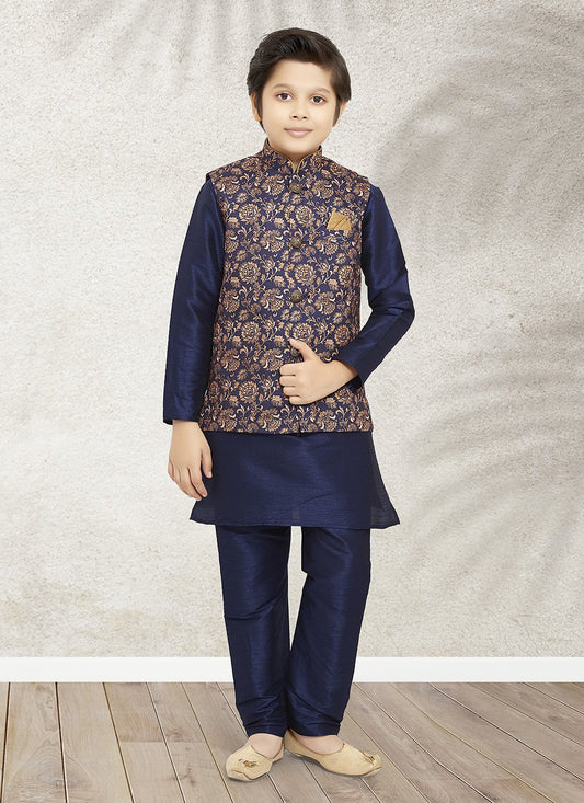 Kurta Payjama With Jacket Banarasi Silk Blue Print Kids