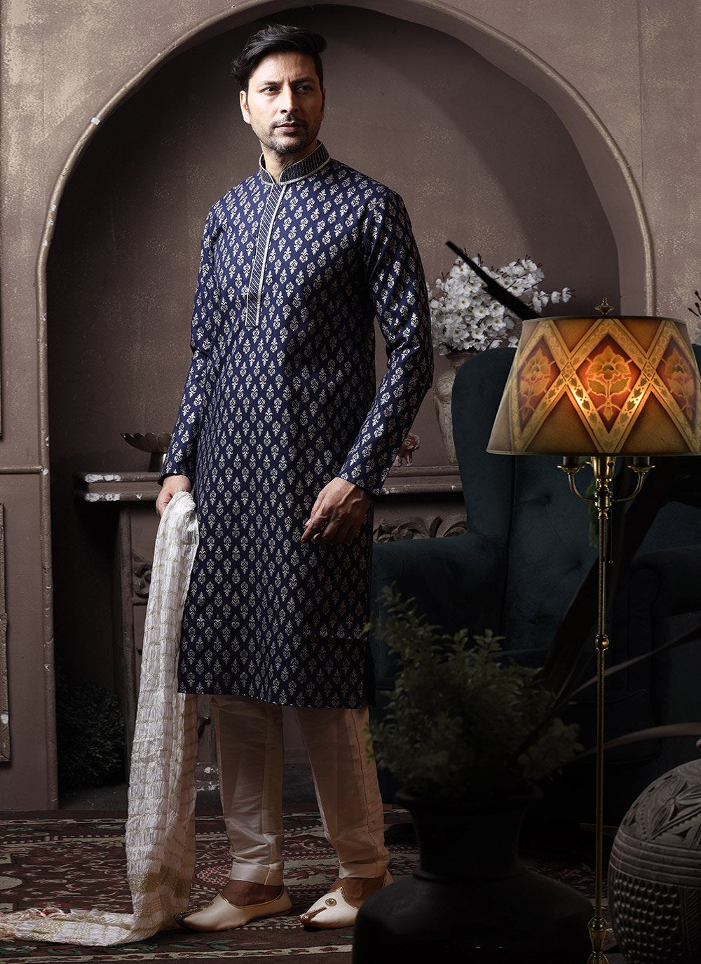 Kurta Pyjama Cotton Blue Print Mens