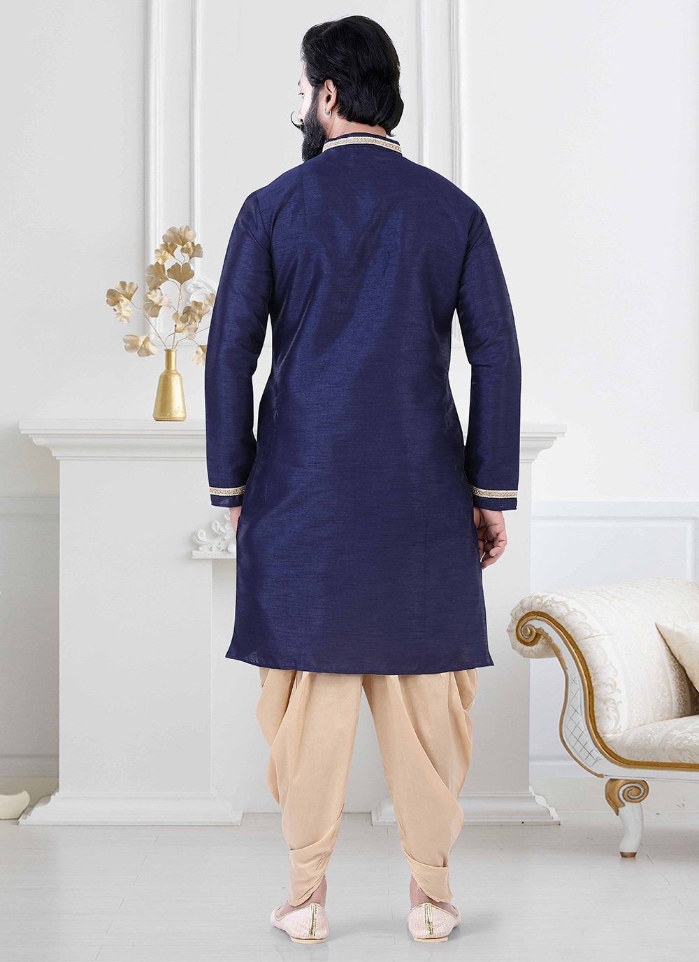 Dhoti Kurta Silk Blue Plain Mens