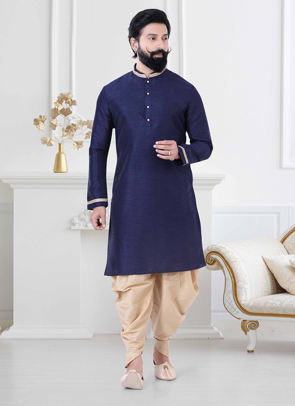 Dhoti Kurta Silk Blue Plain Mens