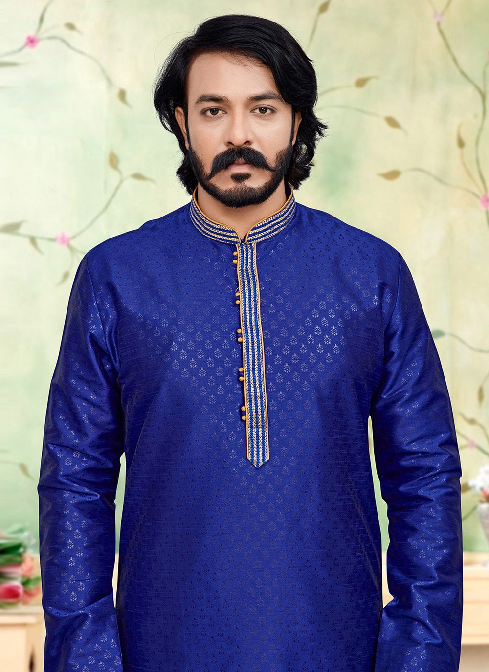 Kurta Pyjama Silk Blue Fancy Work Mens