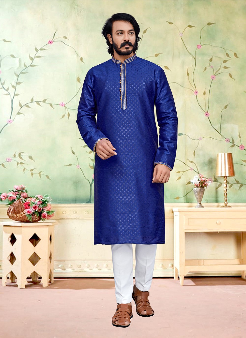 Kurta Pyjama Silk Blue Fancy Work Mens