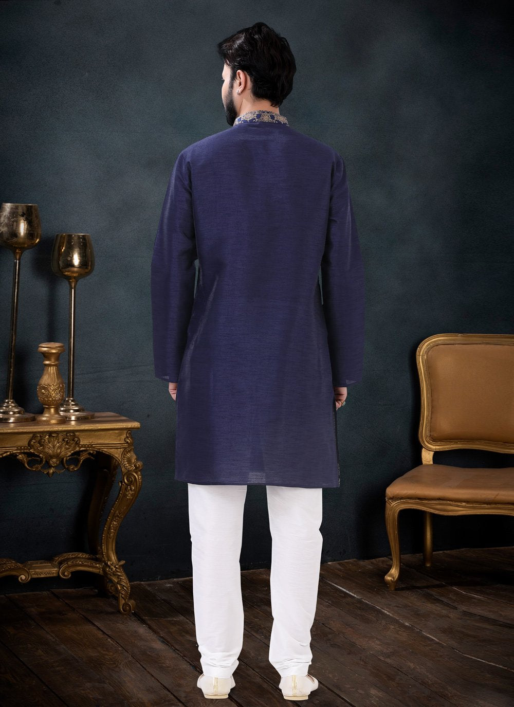 Kurta Pyjama Silk Blue Patch Border Mens