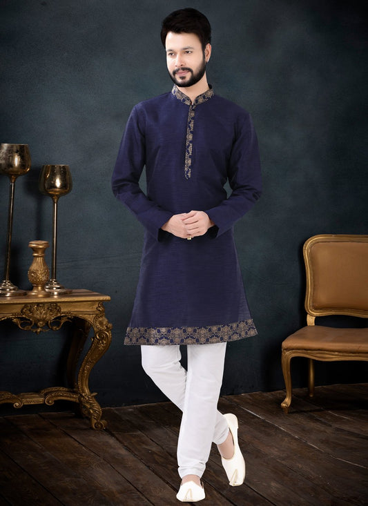 Kurta Pyjama Silk Blue Patch Border Mens