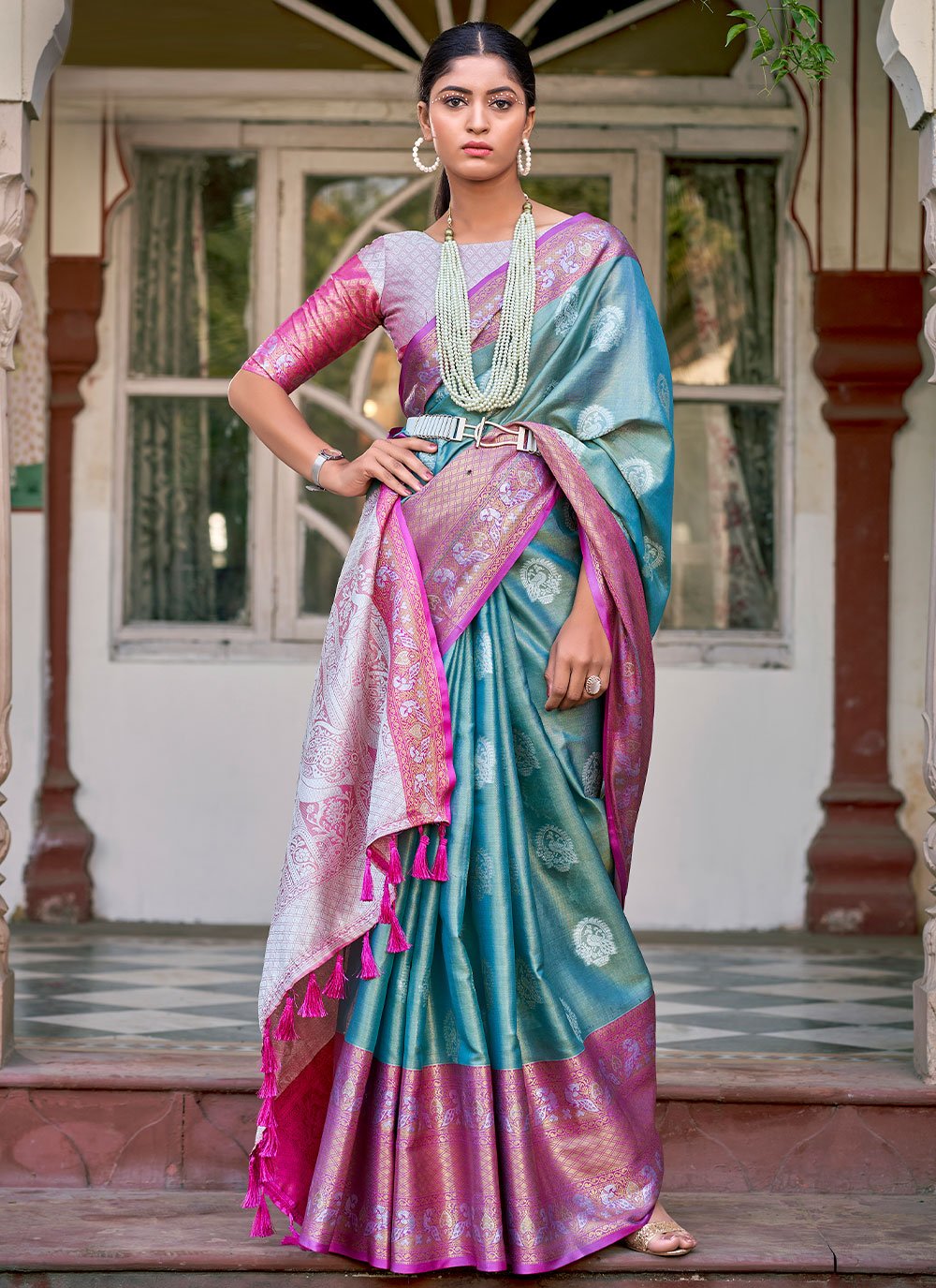 Classic Silk Tissue Blue Weaving Saree