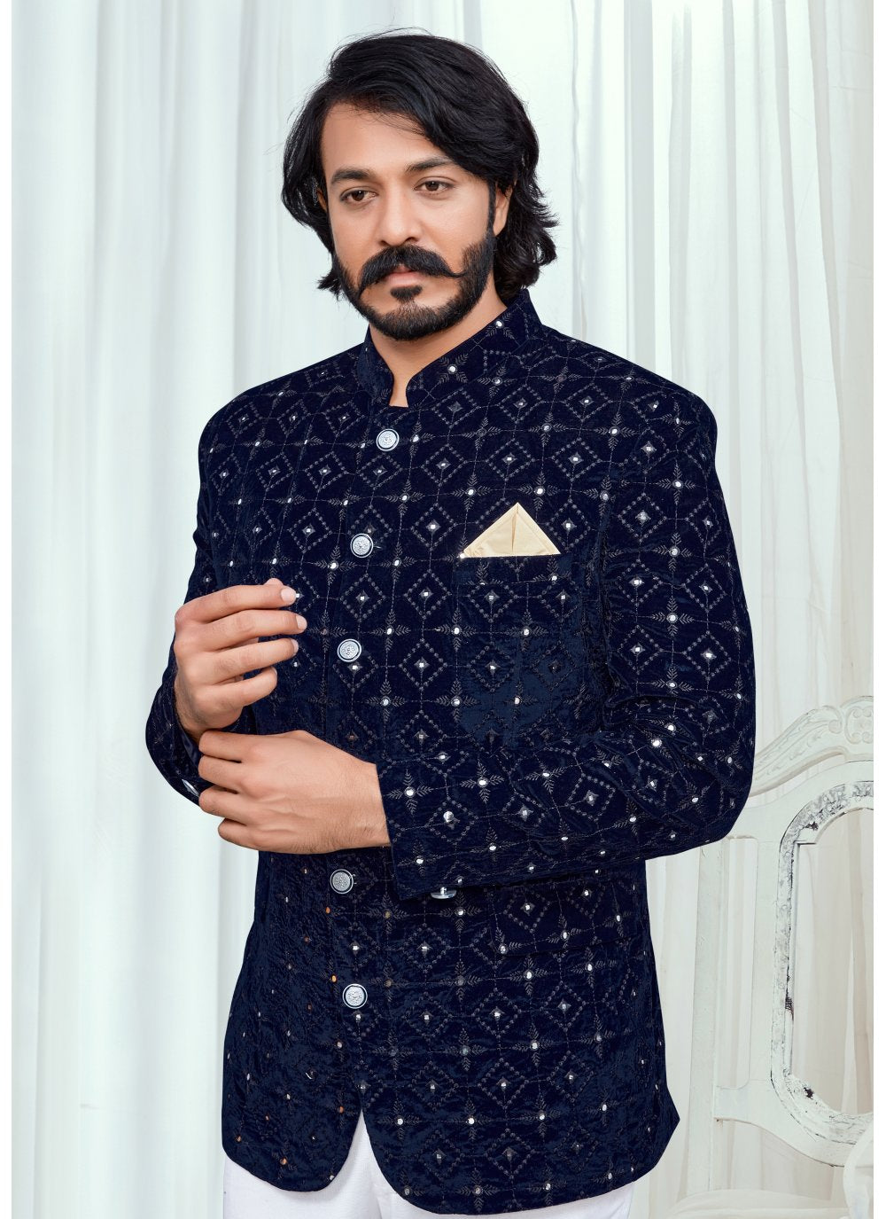 Jodhpuri Suit Velvet Blue Embroidered Mens