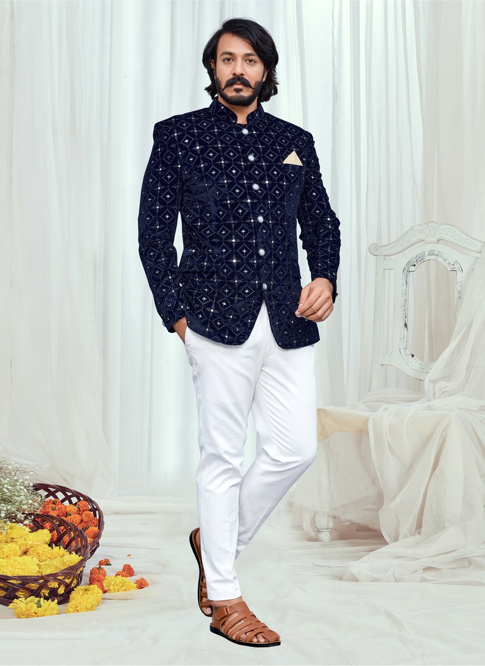 Jodhpuri Suit Velvet Blue Embroidered Mens