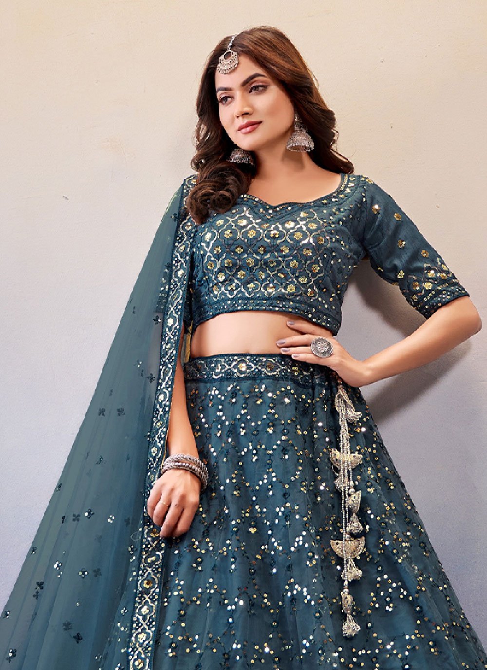 Lehenga Choli Net Blue Embroidered Lehenga Choli