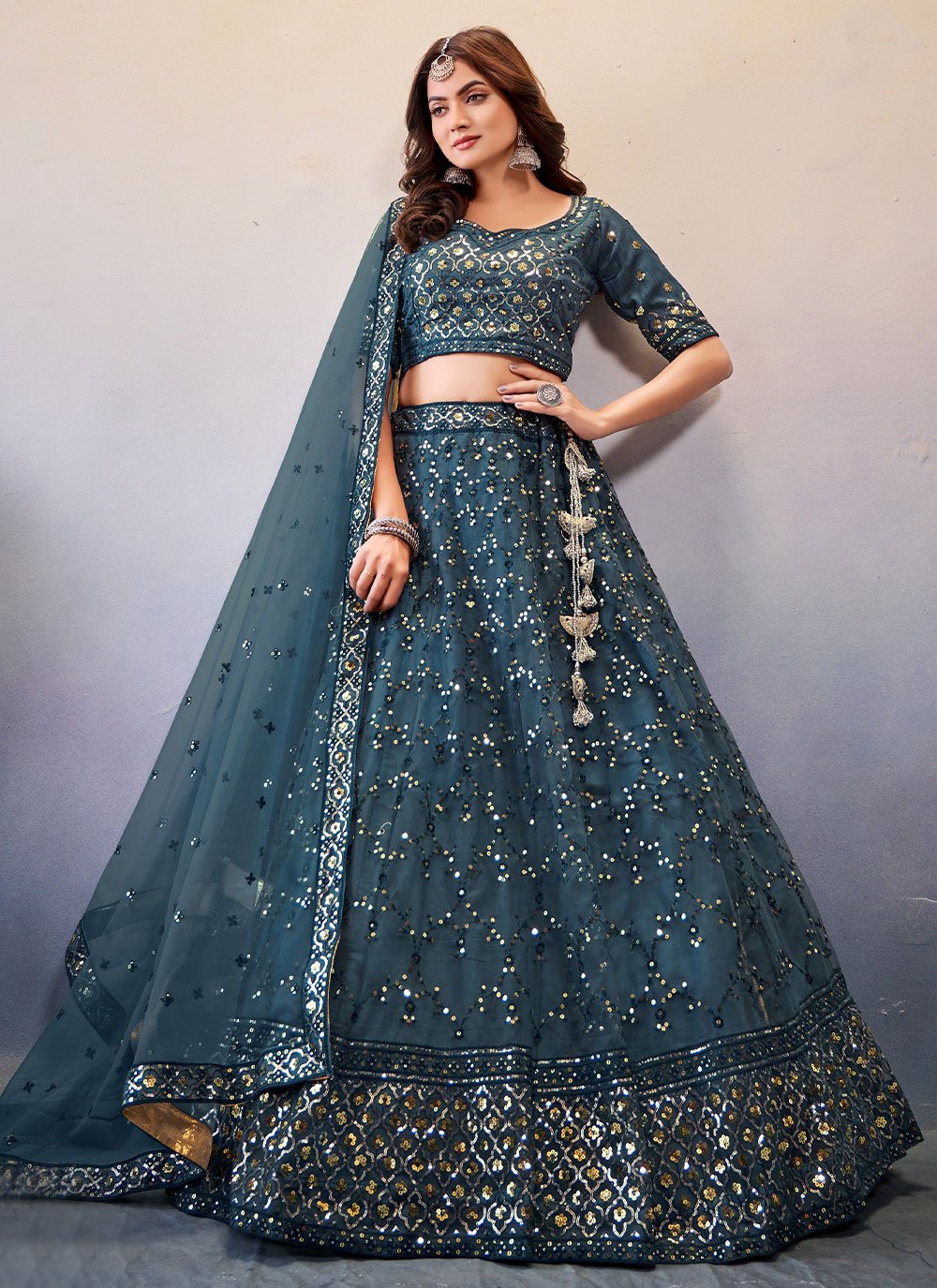 Lehenga Choli Net Blue Embroidered Lehenga Choli