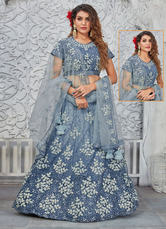 Lehenga Choli Net Blue Embroidered Lehenga Choli