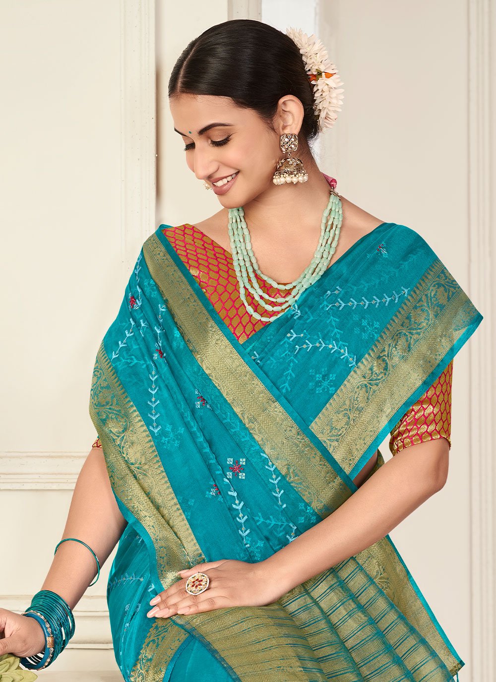 Classic Organza Blue Embroidered Saree