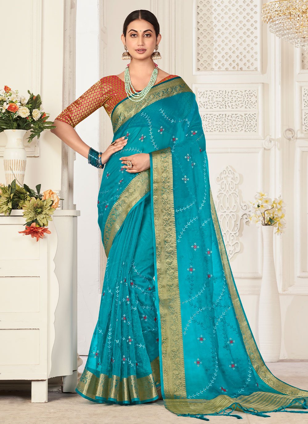 Classic Organza Blue Embroidered Saree