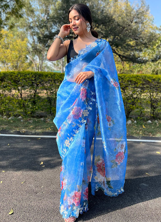 Classic Organza Blue Hand Work Saree