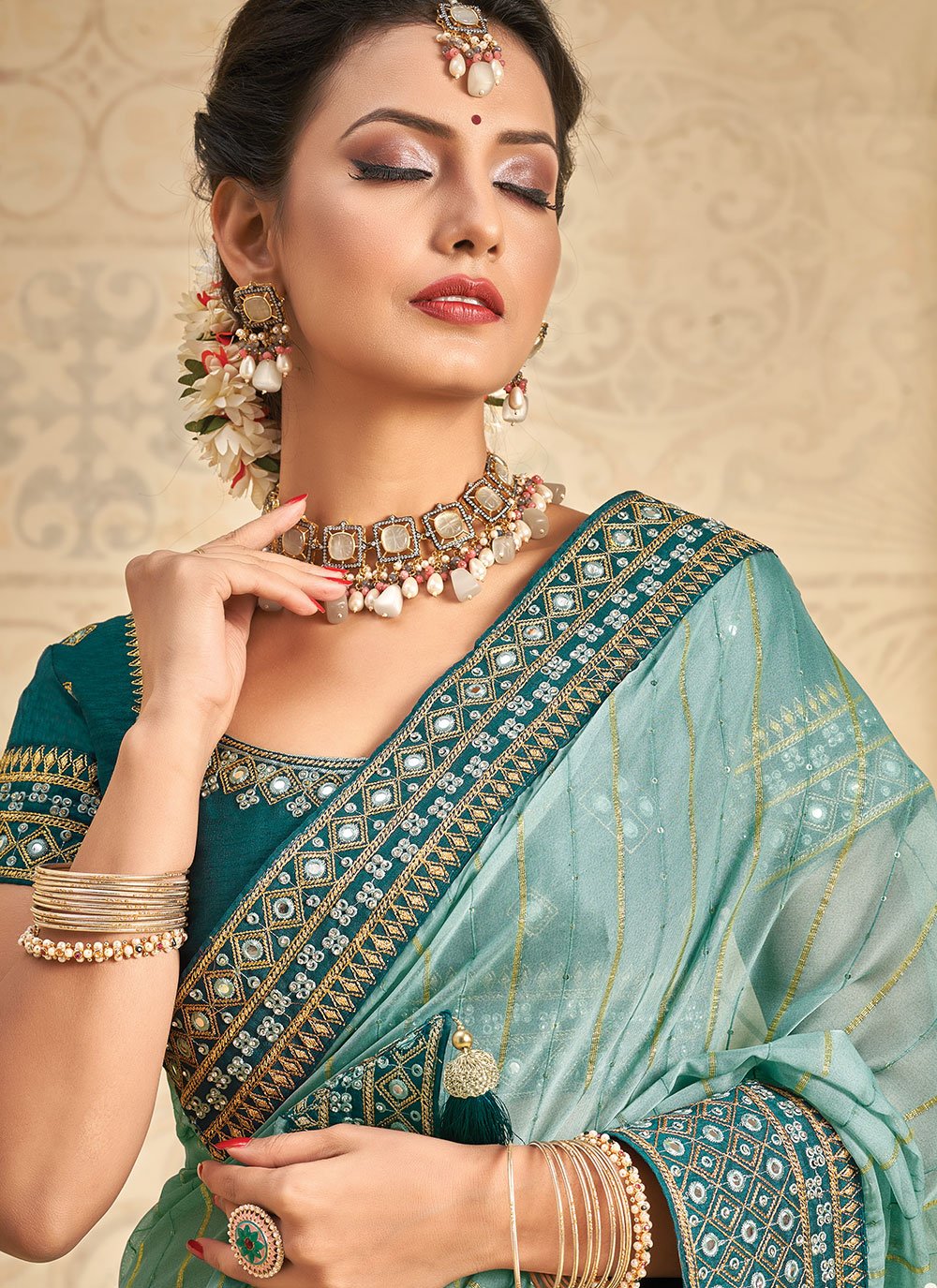 Classic Organza Blue Embroidered Saree