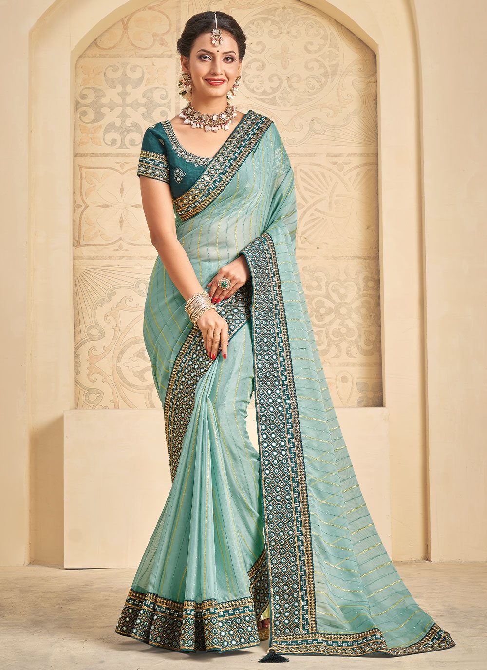 Classic Organza Blue Embroidered Saree