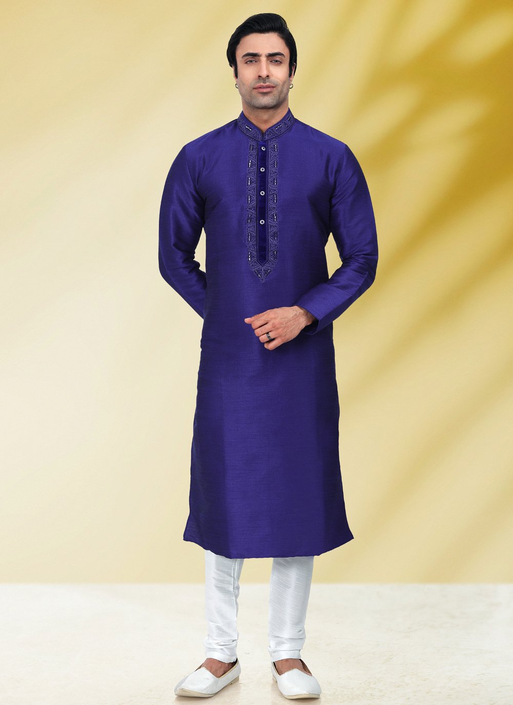 Kurta Pyjama Art Banarasi Silk Blue Embroidered Mens