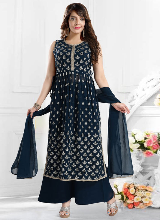 Salwar Suit Faux Georgette Blue Embroidered Salwar Kameez