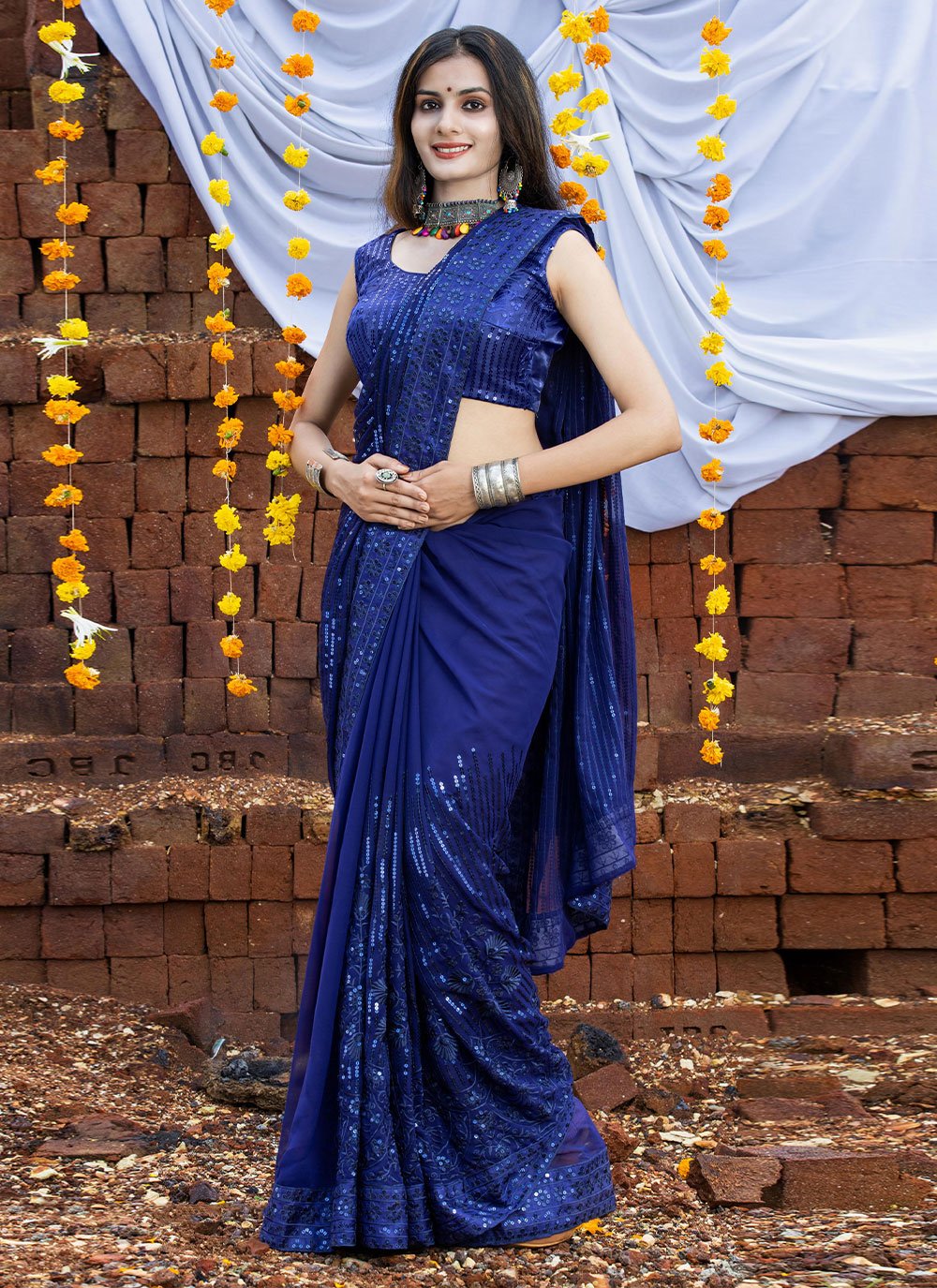 Contemporary Georgette Blue Embroidered Saree