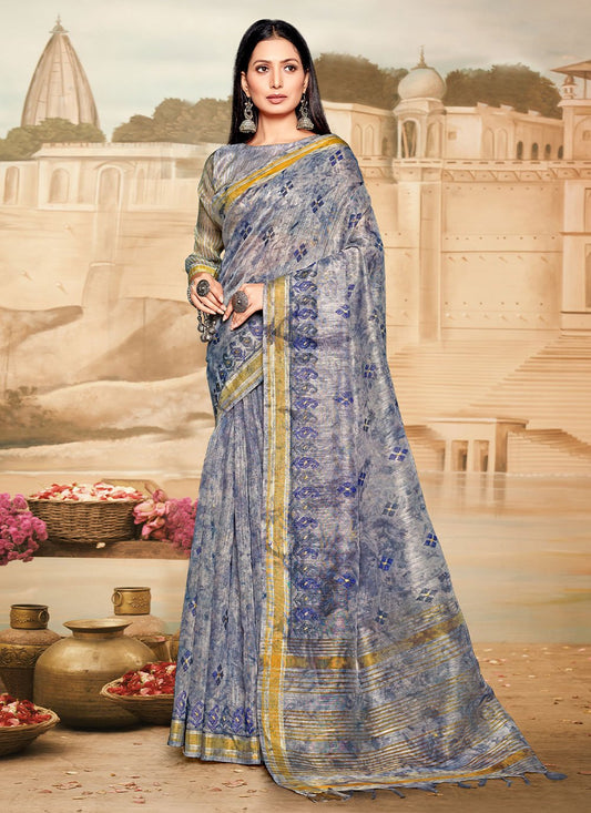 Classic Cotton Linen Blue Embroidered Saree