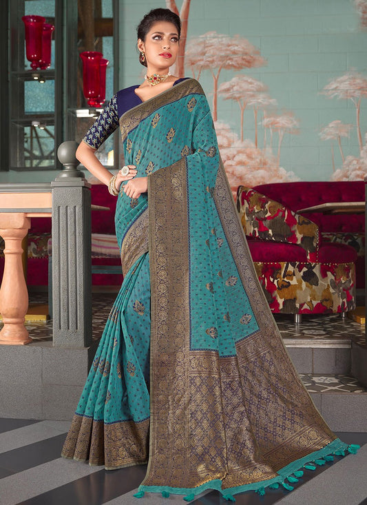 Classic Organza Blue Embroidered Saree