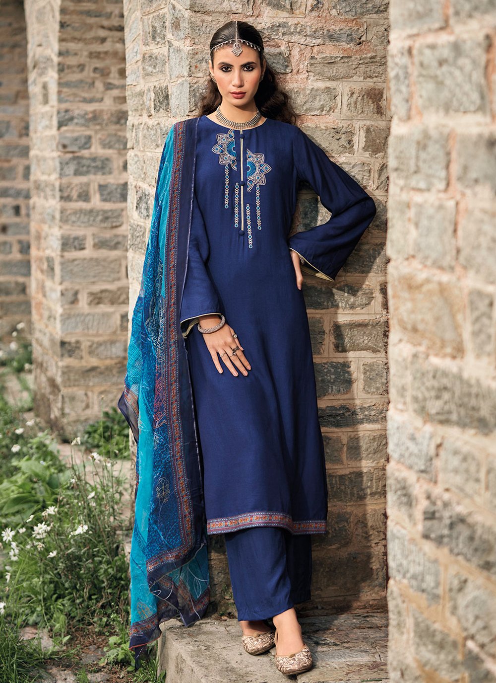 Salwar Suit Silk Blue Embroidered Salwar Kameez