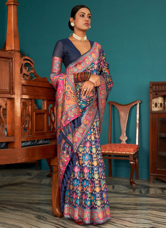 Designer Pashmina Blue Kashmiri Saree