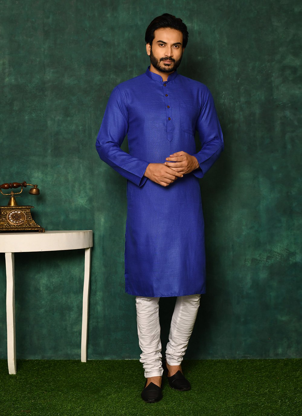 Kurta Pyjama Cotton Blue Plain Mens