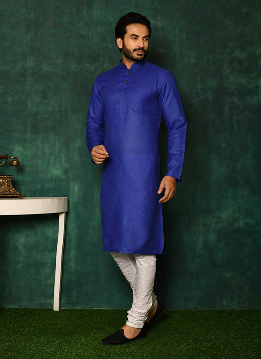 Kurta Pyjama Cotton Blue Plain Mens