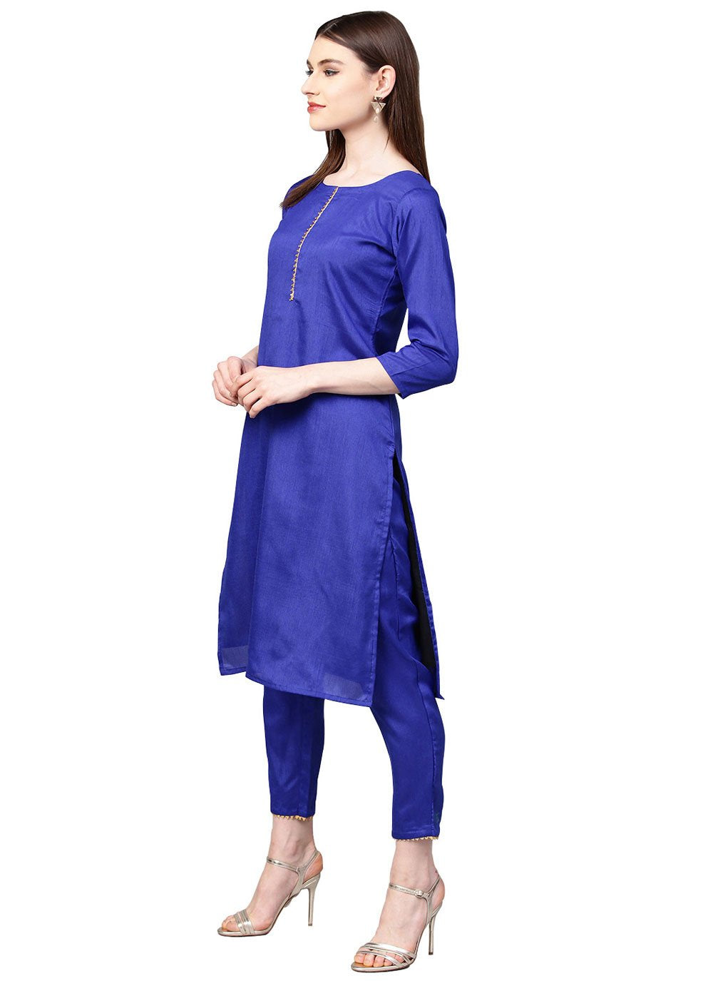 Pant Style Suit Poly Silk Blue Plain Salwar Kameez