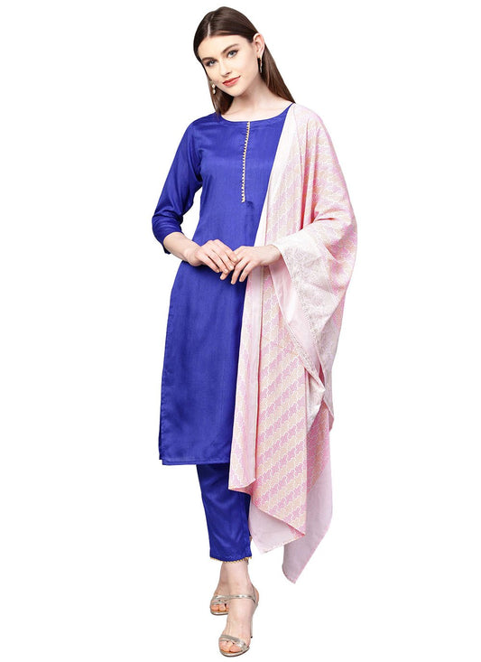 Pant Style Suit Poly Silk Blue Plain Salwar Kameez