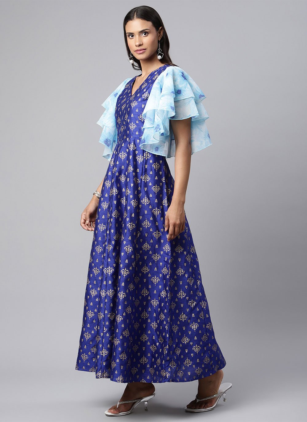 Floor Length Kurti Poly Silk Blue Print Kurtis