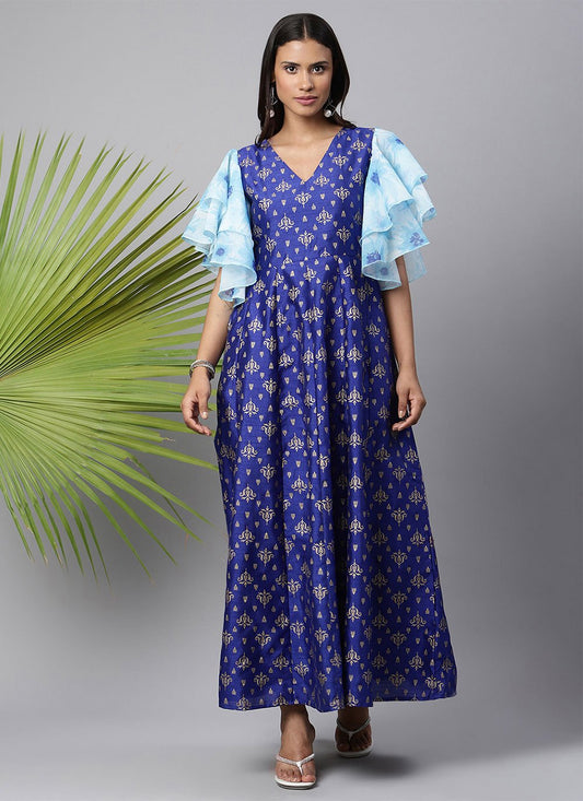 Floor Length Kurti Poly Silk Blue Print Kurtis