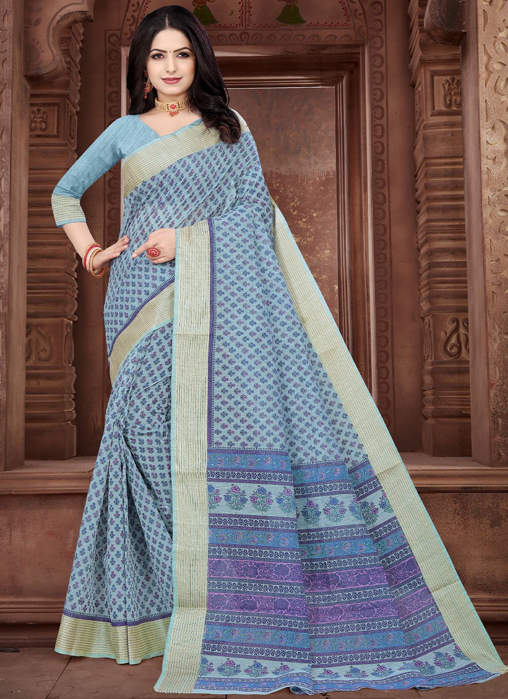 Casual Cotton Blue Print Saree