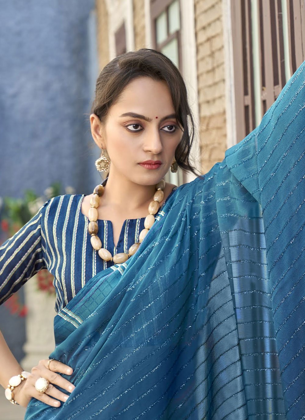 Contemporary Georgette Viscose Blue Patch Border Saree