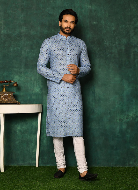 Kurta Pyjama Cotton Blue Print Mens