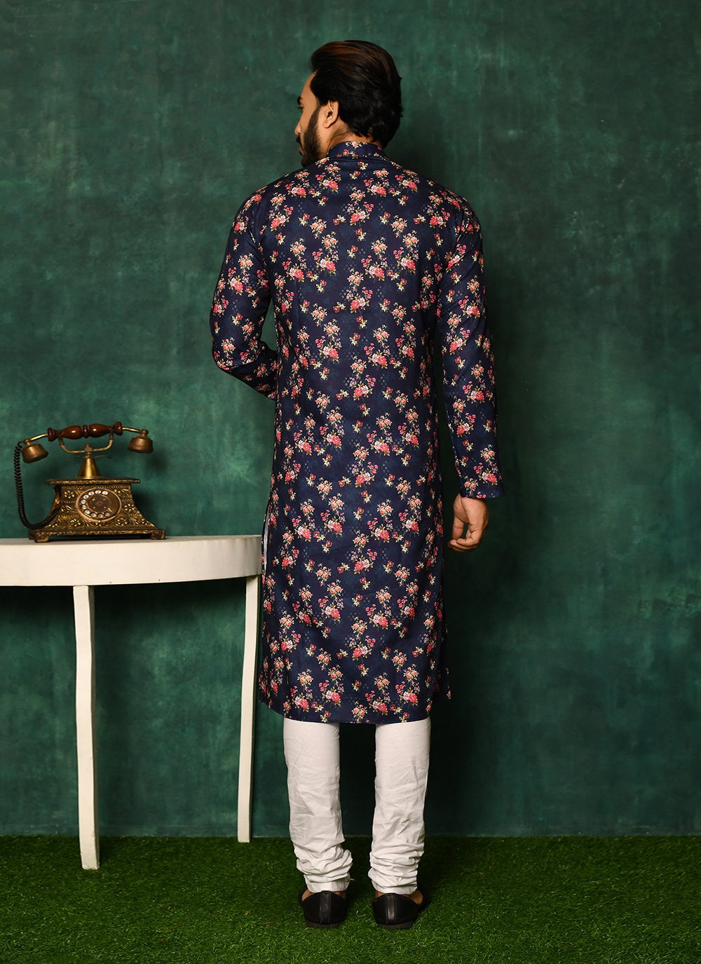 Kurta Pyjama Cotton Blue Print Mens