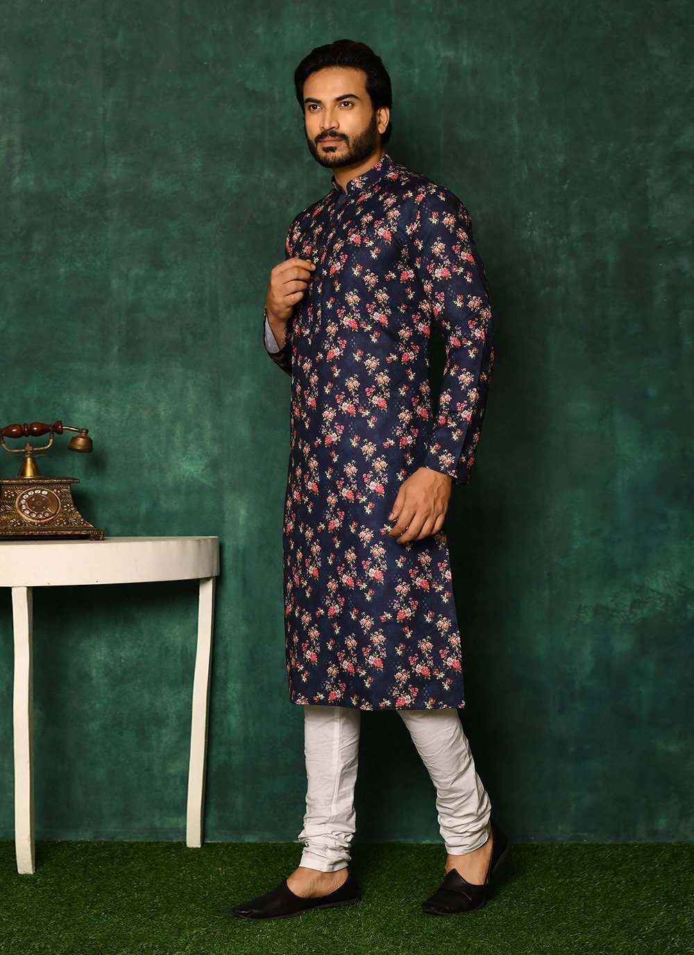 Kurta Pyjama Cotton Blue Print Mens