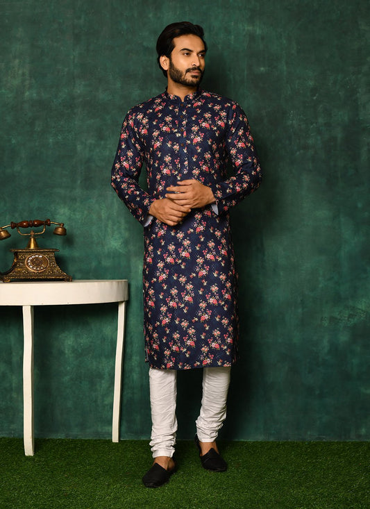 Kurta Pyjama Cotton Blue Print Mens