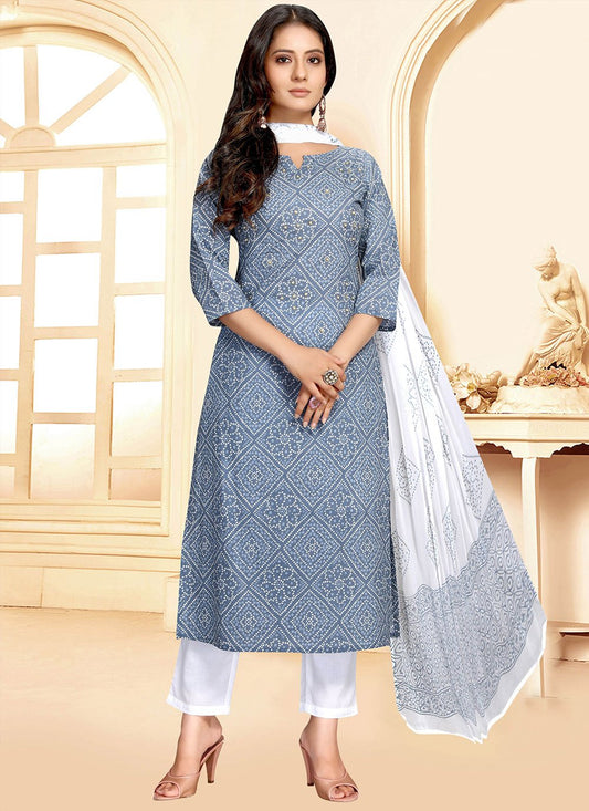 Floor Lenght Salwar Suit Cotton Blue Print Salwar Kameez