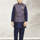 Kurta Payjama With Jacket Banarasi Silk Blue Print Kids