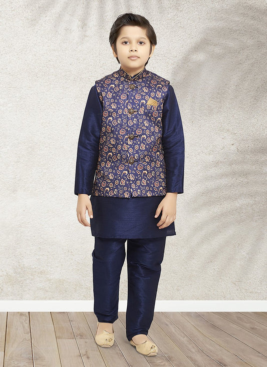 Kurta Payjama With Jacket Banarasi Silk Blue Print Kids