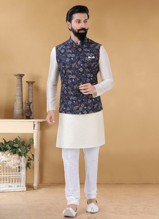 Nehru Jackets Cotton Blue Print Mens