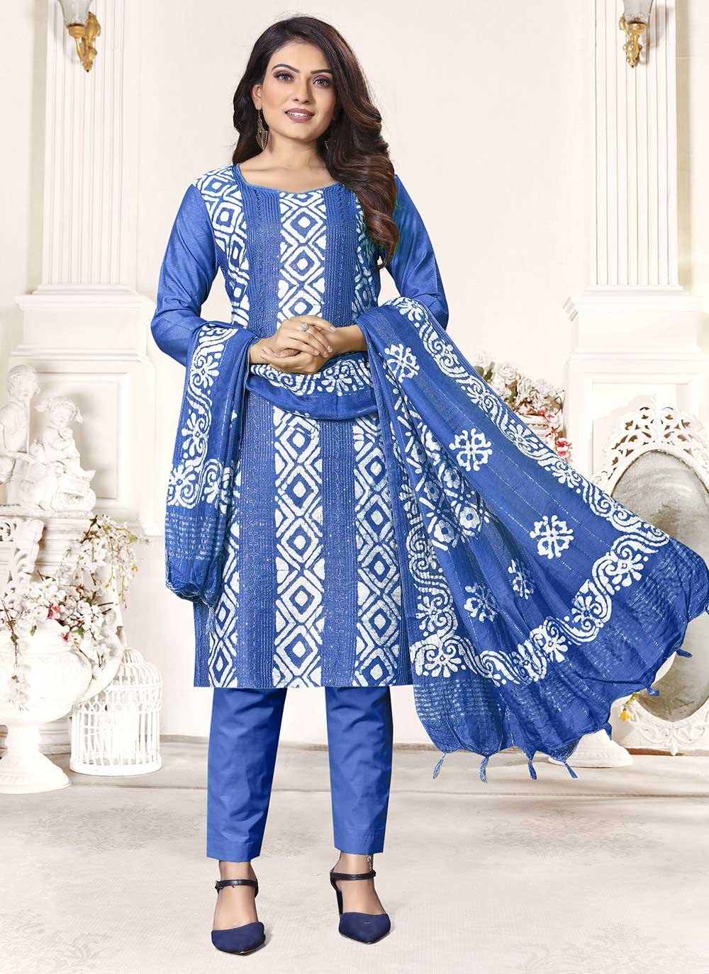 Pant Style Suit Cotton Blue Print Salwar Kameez