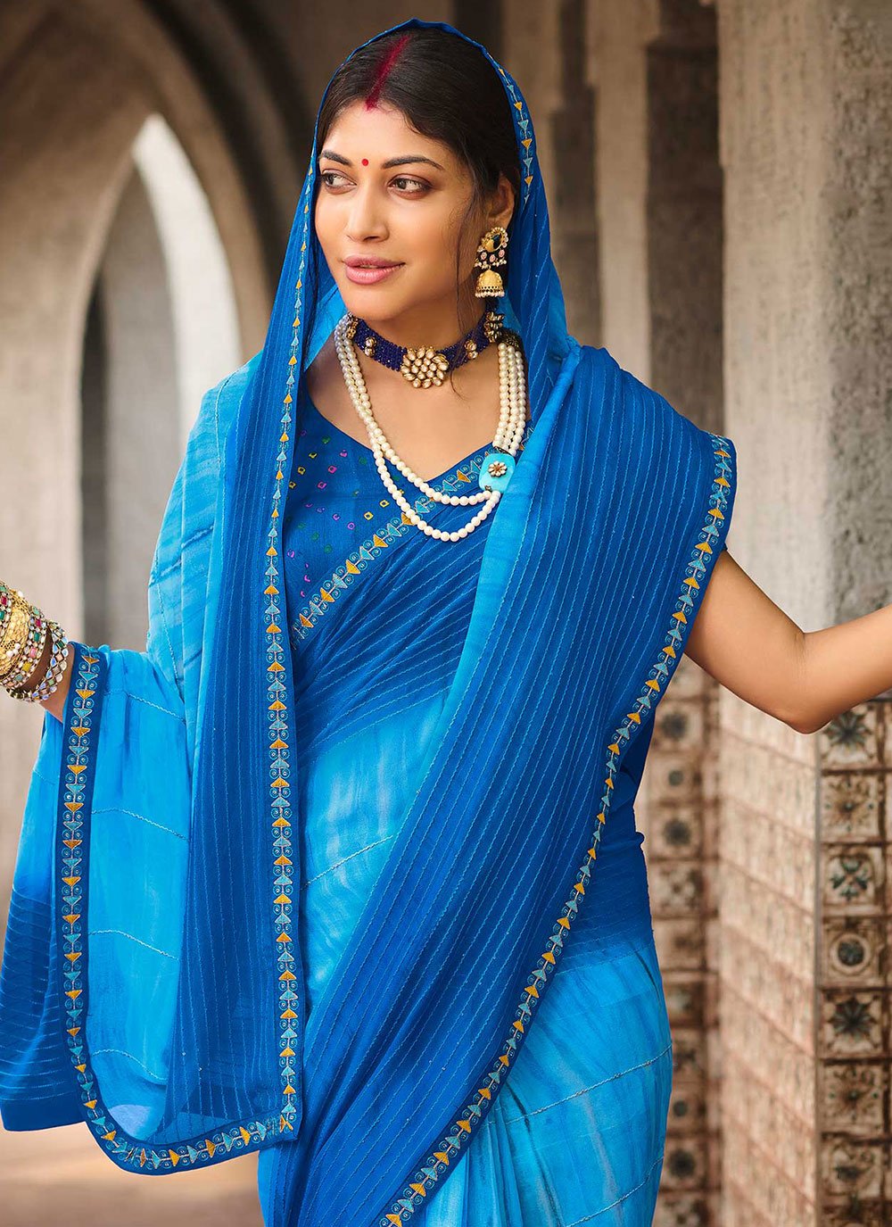 Designer Georgette Blue Print Saree