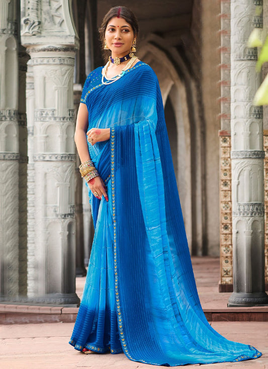 Designer Georgette Blue Print Saree