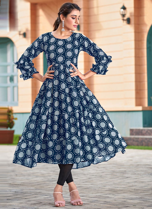 Gown Georgette Blue Print Gown