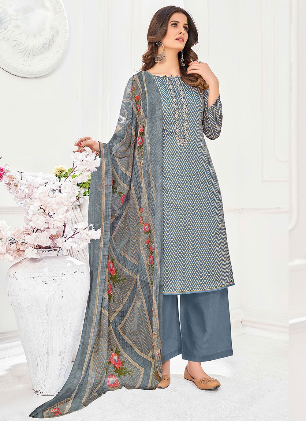 Salwar Suit Pashmina Blue Embroidered Salwar Kameez