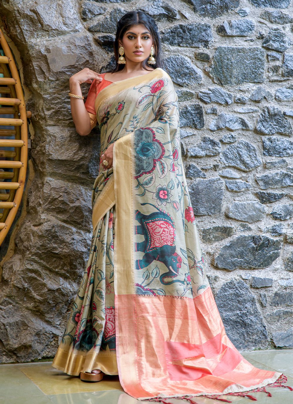 Classic Handloom Silk Tussar Silk Blue Print Saree