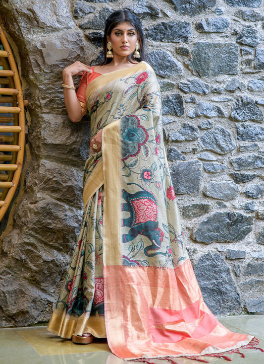 Classic Handloom Silk Tussar Silk Blue Print Saree